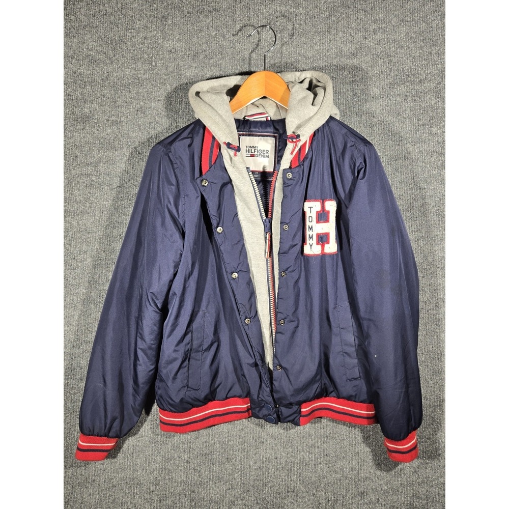 Tommy Hilfiger Denim Hooded Puffer Jacket Mens Large Navy Red Varsity Bomber